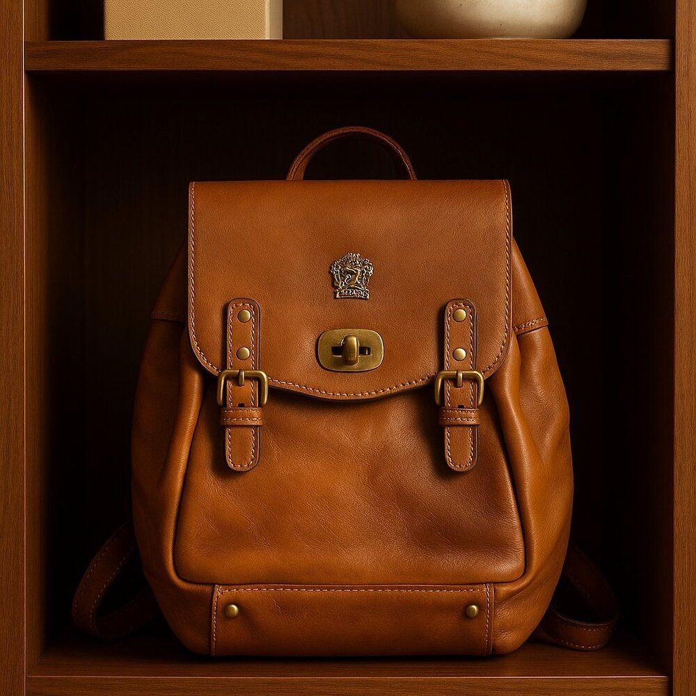 Pratesi Firenze Medium Leather Backpack Cognac Brown Made in Italy Unisex Luxury